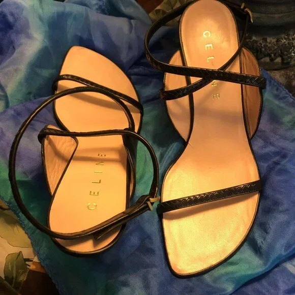 CELINE Italian Leather Black Embossed Heeled Sandals 7.5 MSRP $1200 - Picture 3 of 10